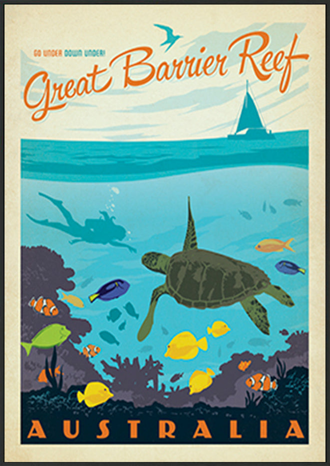 AL JOEAND 116794 VINTAGE ADVERTISING GREAT BARRIER REEF QUEENSLAND AYSTRALIA TURTLE FISH DIVING - ArtFramed