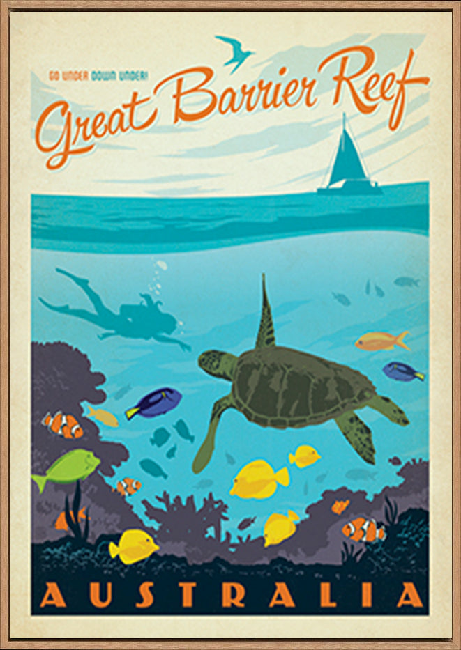 AL JOEAND 116794 VINTAGE ADVERTISING GREAT BARRIER REEF QUEENSLAND AYSTRALIA TURTLE FISH DIVING - ArtFramed