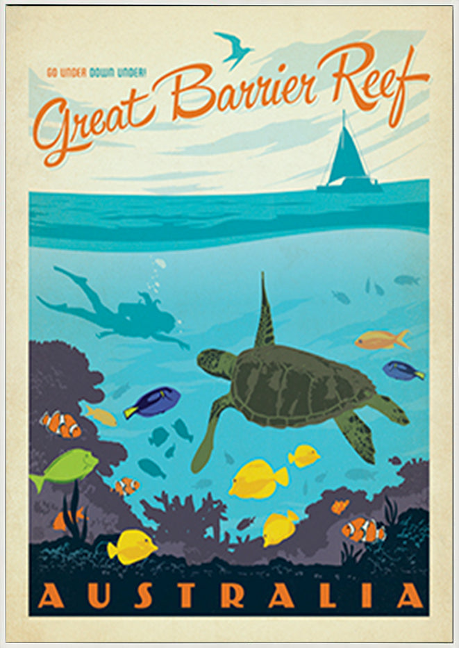 AL JOEAND 116794 VINTAGE ADVERTISING GREAT BARRIER REEF QUEENSLAND AYSTRALIA TURTLE FISH DIVING - ArtFramed