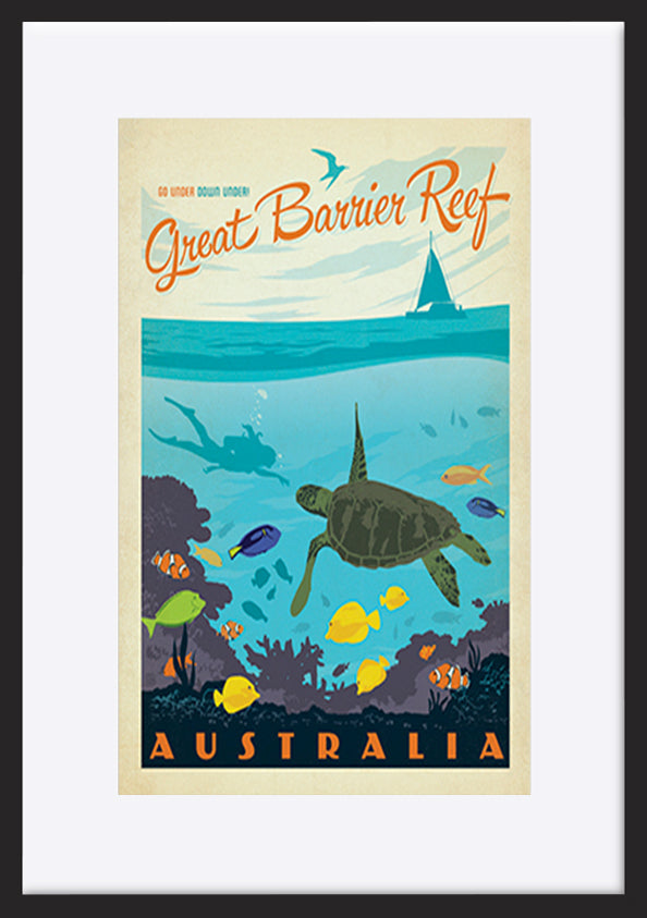 AL JOEAND 116794 VINTAGE ADVERTISING GREAT BARRIER REEF QUEENSLAND AYSTRALIA TURTLE FISH DIVING - ArtFramed