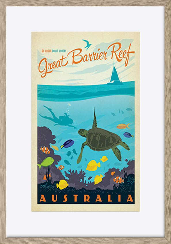 AL JOEAND 116794 VINTAGE ADVERTISING GREAT BARRIER REEF QUEENSLAND AYSTRALIA TURTLE FISH DIVING - ArtFramed