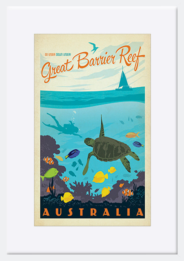 AL JOEAND 116794 VINTAGE ADVERTISING GREAT BARRIER REEF QUEENSLAND AYSTRALIA TURTLE FISH DIVING - ArtFramed